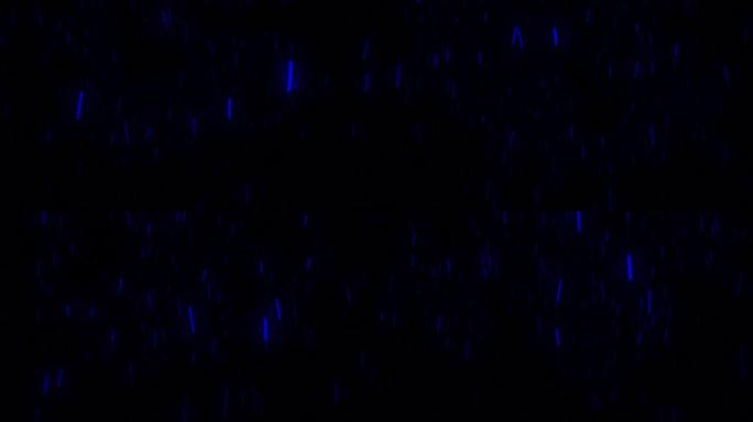 黑色背景上孤立的蓝色快速落下的抽象雪，运动图形概念。动画。降雪的小颗粒飞行