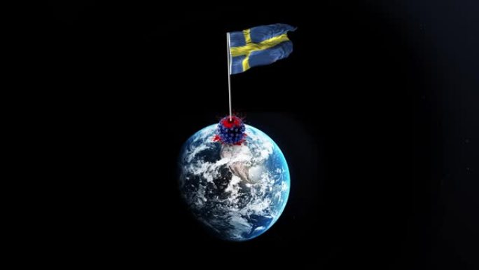 冠状病毒新型冠状病毒肺炎被瑞典击败，瑞典国旗在4k分辨率的旋转地球上挥舞着被拆除的病毒