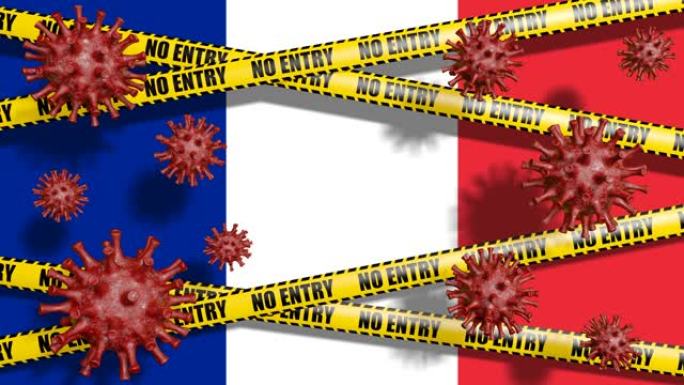 法国国旗和没有入口标志。循环抽象冠状病毒背景