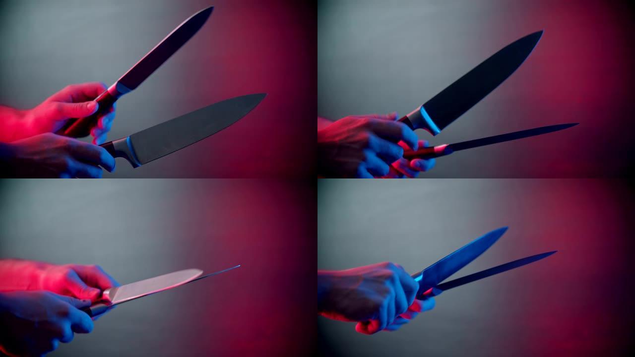 霓虹灯中互相握刀和磨刀的人