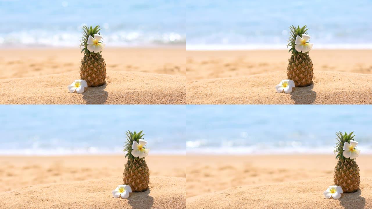 热带海滩上的新鲜菠萝。