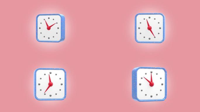 时钟指针的3D渲染运动，时间流逝。一个最小的蓝色闹钟在珊瑚粉色背景上旋转。