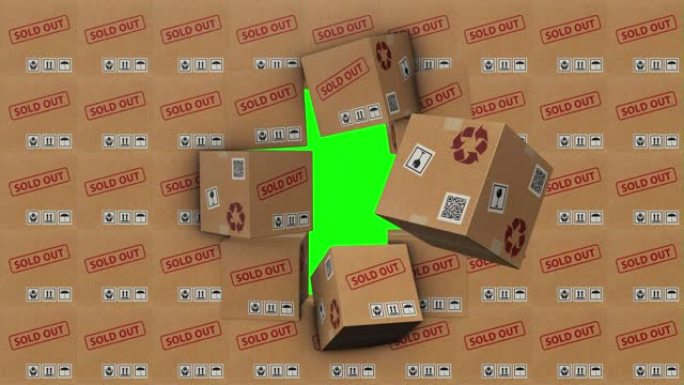 纸板箱售罄过渡。关于电子商务的航运物流思路零售营销在线购买商品。绿色背景，色键