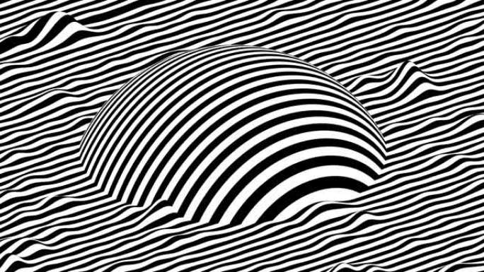 黑色和白色条纹在其顶部带有移动球体形状的挥舞表面。现代等距背景循环动画。3D渲染。
