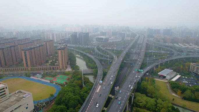 杭州上城区石德立交桥高架桥车流风景视频素