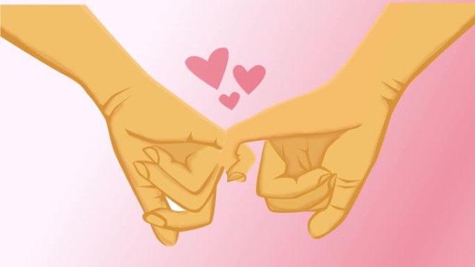 男性和女性的手在粉红色背景上充满生气，并出现了心形。男人和女人牵手。爱情、浪漫主义、依恋、温柔、支持