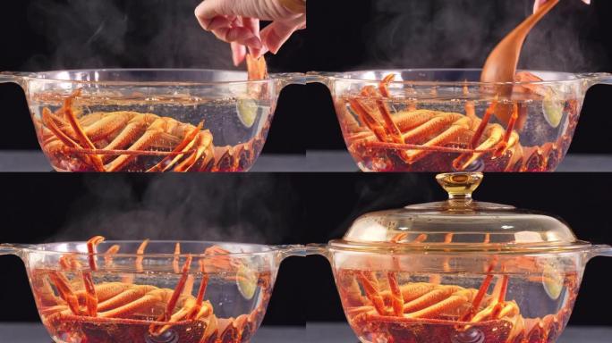 煮沸的生鲜海角龙虾，西海岸龙虾，玻璃锅中的Jasus lalandii的延时拍摄，特写，4K UHD
