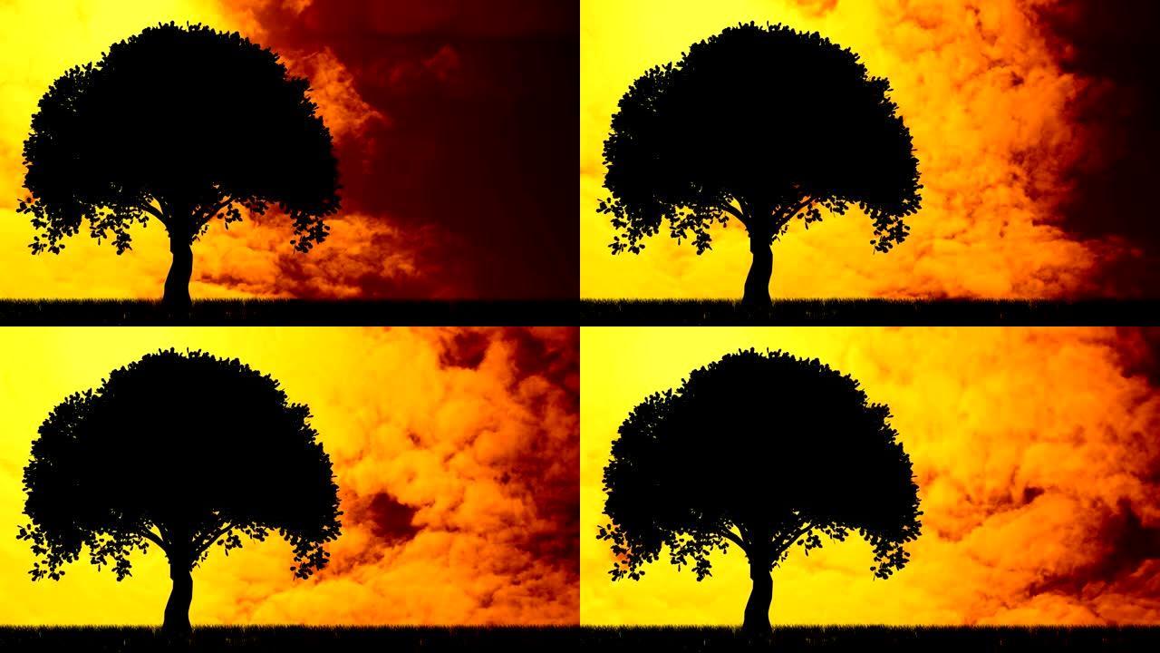 日落时黑色剪影上的橙色和黄色云彩动画