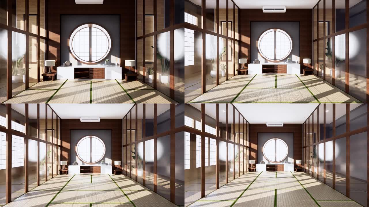 白色空室内木制橱柜，3d渲染