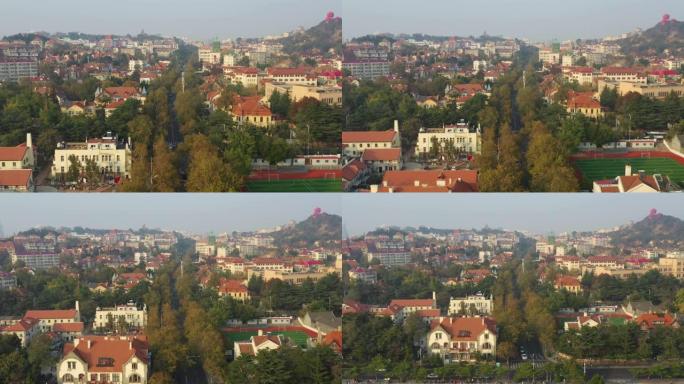 日落时间青岛城市景观交通街空中全景4k中国