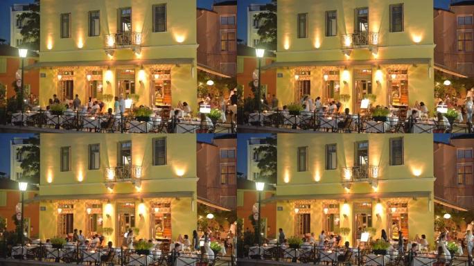 晚上，希腊雅典阿提卡地区普拉卡区的人群