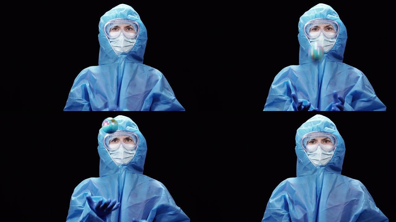 病毒。一名病毒学家穿着防护服，抛出了一个微型地球。