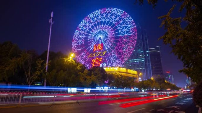 夜间照明长沙市著名摩天轮交通街全景延时4k中国