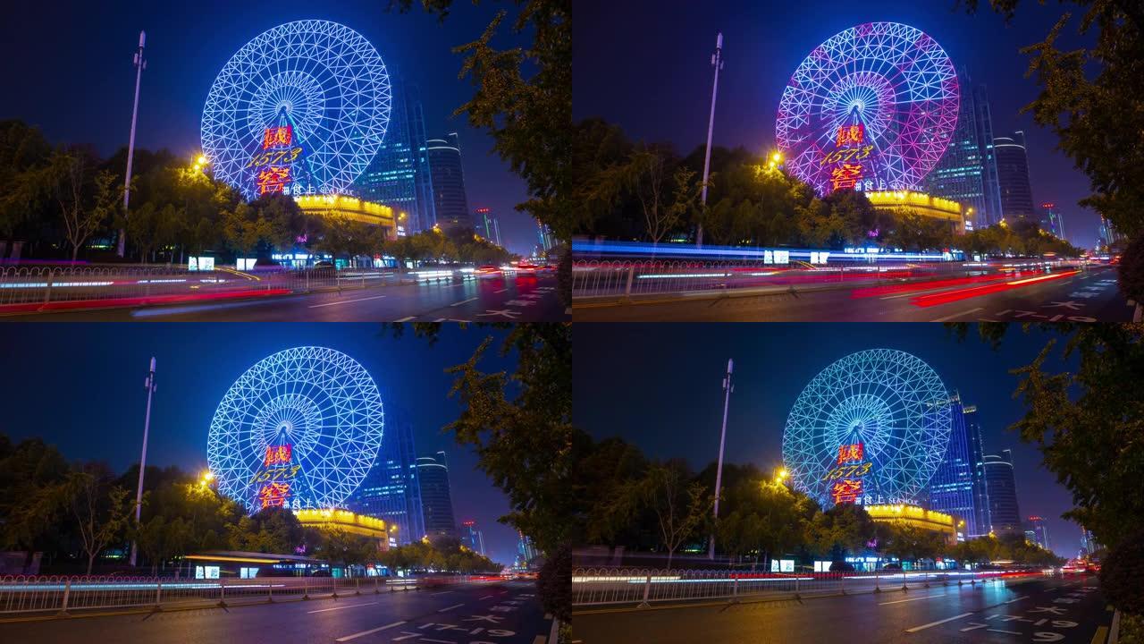 夜间照明长沙市著名摩天轮交通街全景延时4k中国
