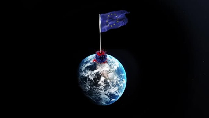 欧盟击败新冠肺炎，4K分辨率旋转地球仪上飘扬着欧盟旗帜