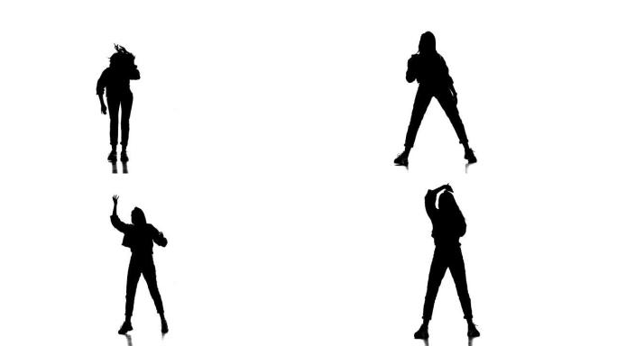 白色背景上的黑色剪影，跳嘻哈舞的女孩，街舞，霹雳舞