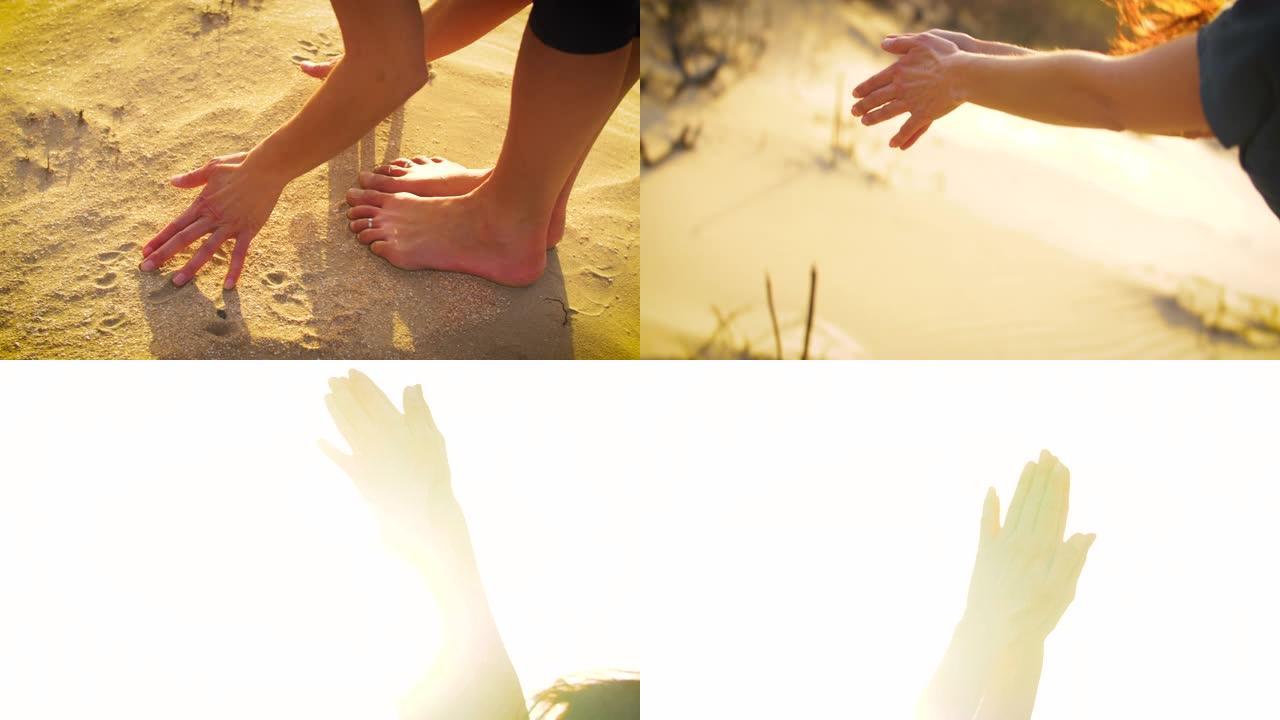 日出时在沙丘里练习瑜伽的女人。双脚平衡
