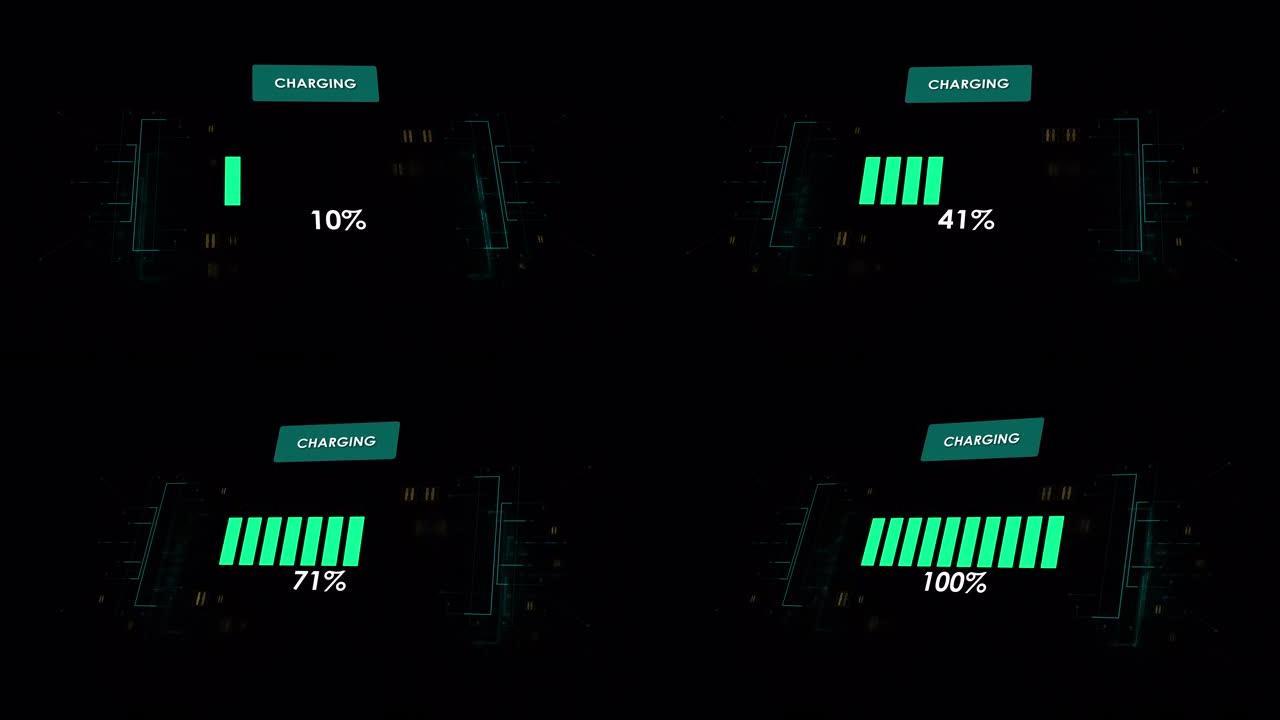 电池指示器显示它充满100%。电动汽车电瓶表。电动汽车电池指示器显示电池电量增加。