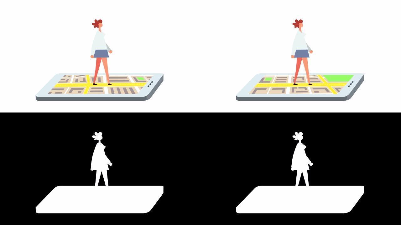 平面卡通棒形彩色女角色行走全球定位系统地图动画Luma哑光