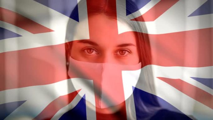 在新型冠状病毒肺炎病毒爆发期间，英国国旗和妇女在检疫佩戴医疗面罩的双重曝光镜头