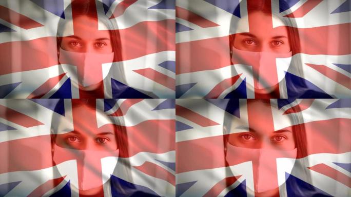 在新型冠状病毒肺炎病毒爆发期间，英国国旗和妇女在检疫佩戴医疗面罩的双重曝光镜头