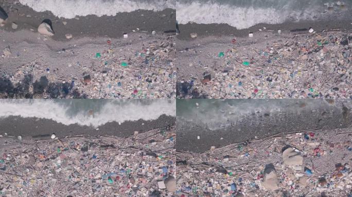 被塑料和垃圾覆盖的海滩显示的环境问题导致了香港的气候变化。空中无人机视图