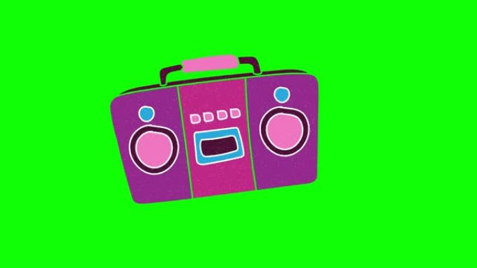 盒式磁带播放器手绘绿色屏幕。浮动循环动画