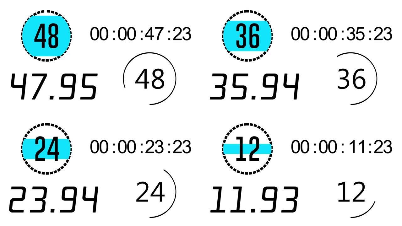 4不同的时间守护者在绿屏背景。倒计时60到0秒。带阿尔法通道的电子定时器。
