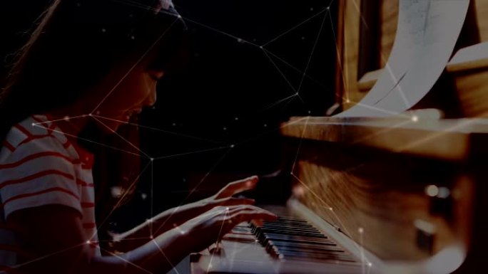 一个女孩在背景中连接的点网上弹钢琴的动画