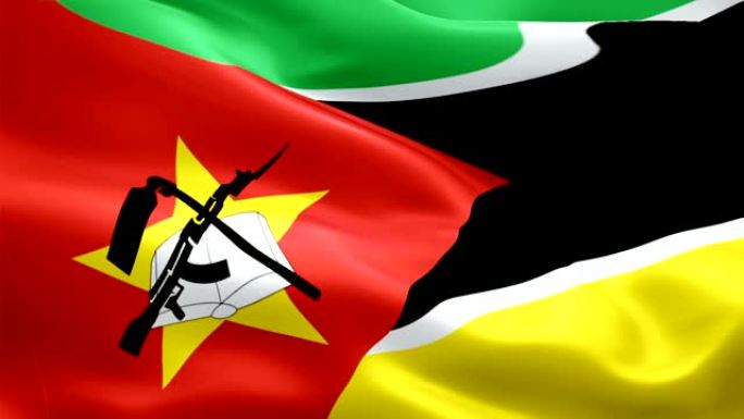 莫桑比克挥舞国旗。挥舞着莫桑比克国家3d国旗。莫桑比克无缝循环动画的标志。莫桑比克国旗高清分辨率背景