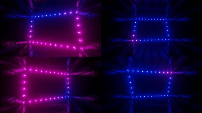 霓虹灯在黑暗隧道中的循环动画。无尽的运动。音乐场景用LED面板