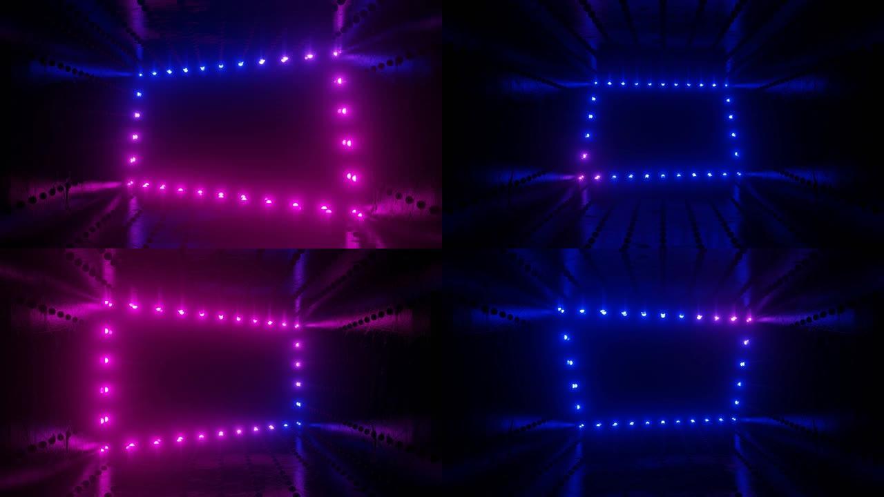 霓虹灯在黑暗隧道中的循环动画。无尽的运动。音乐场景用LED面板