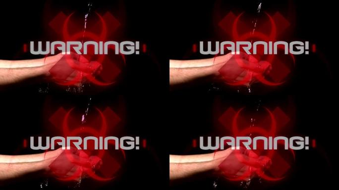 文字警告!写在健康危害标志上的人在黑色背景上洗手。