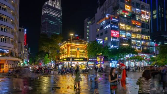 夜间照明胡志明市著名旅游广场全景4k越南