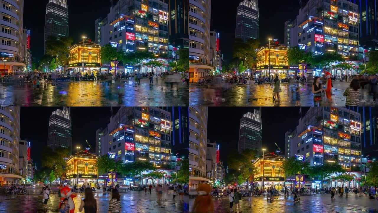 夜间照明胡志明市著名旅游广场全景4k越南