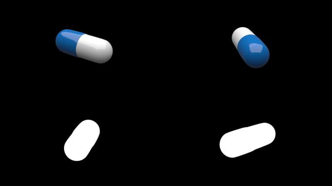 白蓝色药丸孤立旋转。无缝循环。阿尔法通道/亮度哑光。4K UHD。3d渲染。