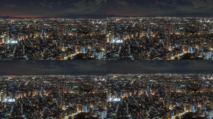 4k延时: 在日本东京的夜间和山富士背景中，放大摩天大楼和市区繁忙的交通