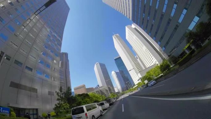 商业区摩天大楼/绿树/仰望天空