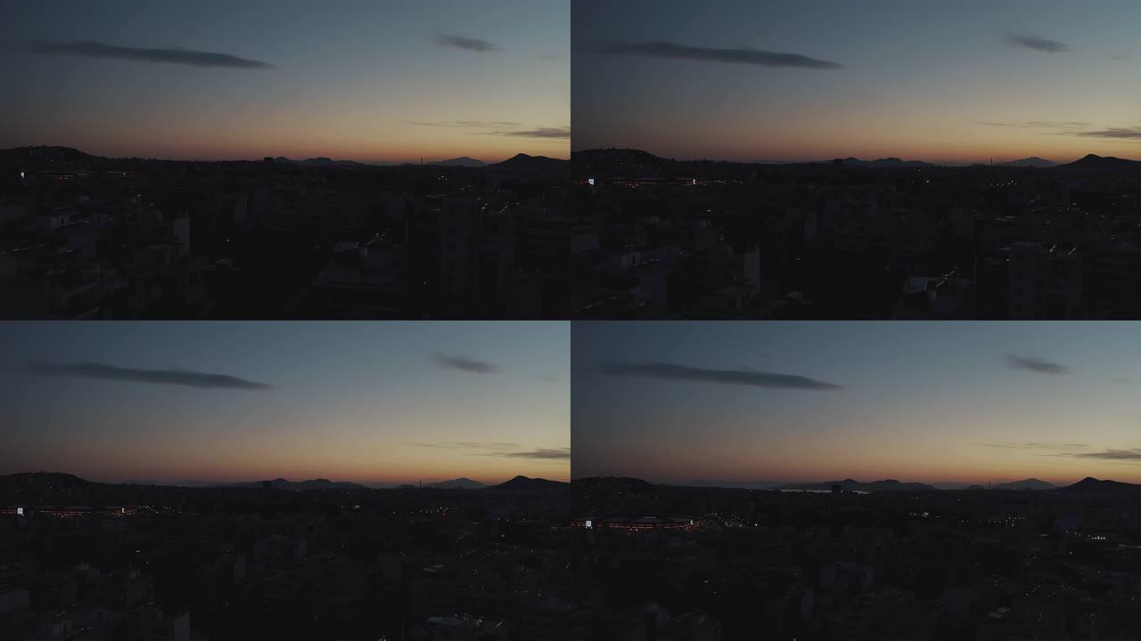 空中分级镜头-雅典-夜间在比雷埃夫斯-皮雷亚斯的城市和港口上空飞行