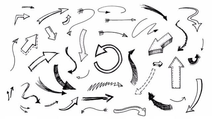手工绘制或雕刻箭头的动画。白色背景素描上的不同物体，涂鸦风格。右，左，上，下