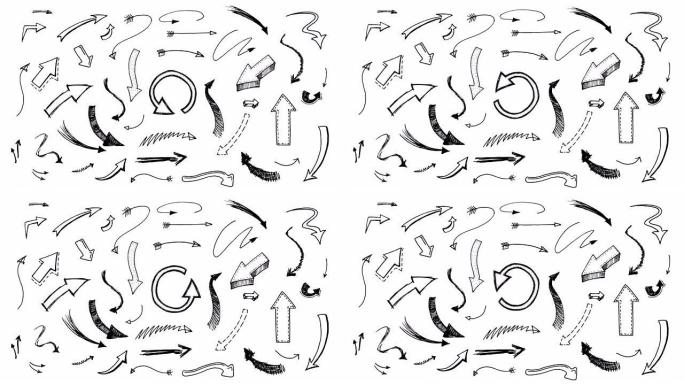手工绘制或雕刻箭头的动画。白色背景素描上的不同物体，涂鸦风格。右，左，上，下
