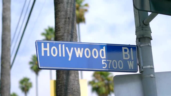 4k慢动作60fps的好莱坞大道街道标志和交通信号灯