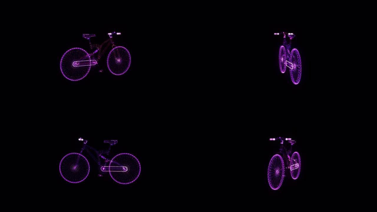 自行车RGB全息图线框。黑色背景上的漂亮3D动画，未来项目的无缝循环