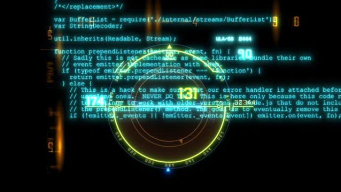 HUD技术介绍。在科幻网络空间中飞过数字HUD目标。技术背景。具有运行代码文本的未来界面。