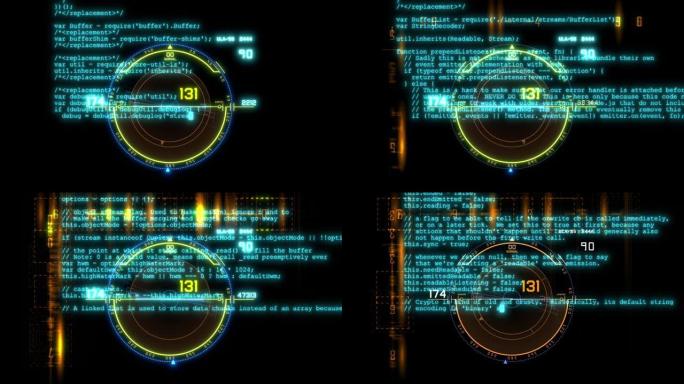 HUD技术介绍。在科幻网络空间中飞过数字HUD目标。技术背景。具有运行代码文本的未来界面。