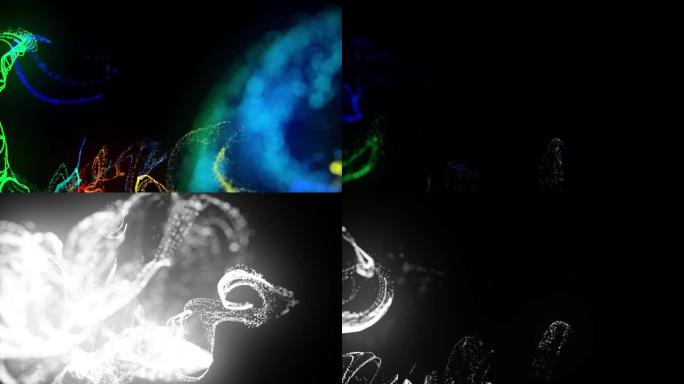 在4k的水中注入荧光多色墨水。墨水流中辉光粒子的3d渲染。亮度哑光作为阿尔法通道。闪亮油墨效果平流的