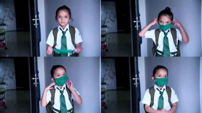 A school girl wearing a dust mask for Corona virus