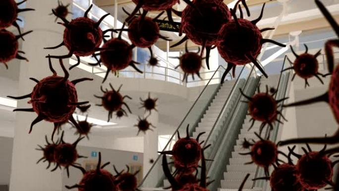 在机场上传播的宏冠状病毒新型冠状病毒肺炎细胞的动画
