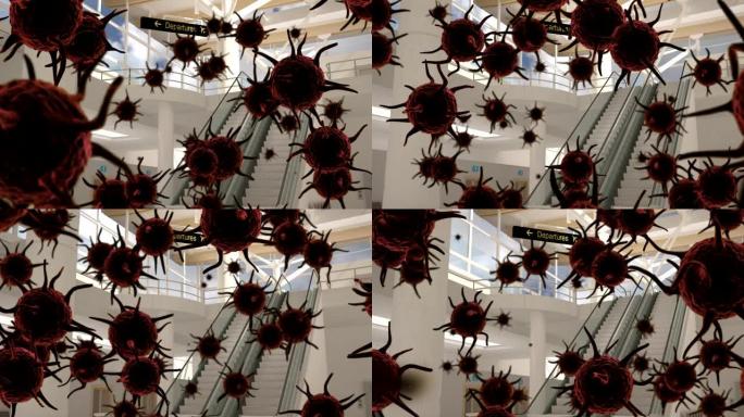 在机场上传播的宏冠状病毒新型冠状病毒肺炎细胞的动画
