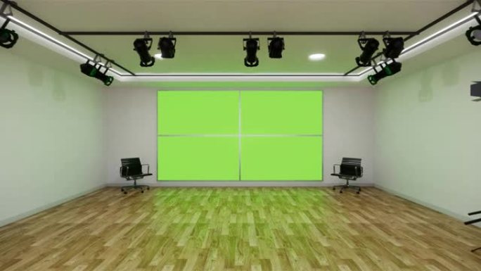 电视背景显示墙上的电视，房间空的新闻演播室和背景电视绿屏。3d rednering